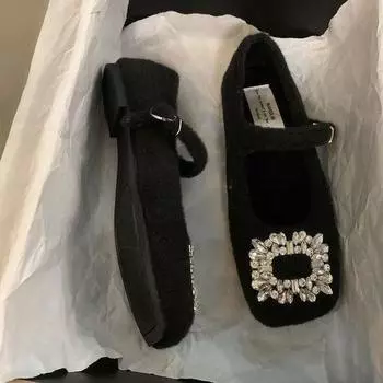 Xiaoxiangfeng ретро плюшевые туфли женские 2024 новые осенне-зимние туфли с квадратным носком и плоским дном универсальные туфли Мэри Джейн из хлопка на мягкой подошве 35 чёрный