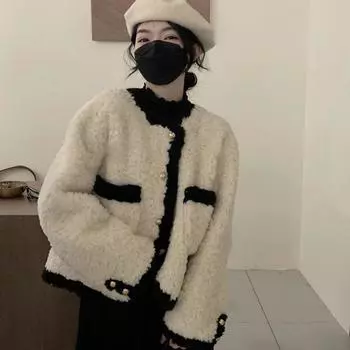 Xiaoxiangfeng ретро темперамент свободный контрастный цвет круглый вырез утолщенная овечья шерсть осень и зима утолщенная шерсть искусственный мех пальто для женщин S