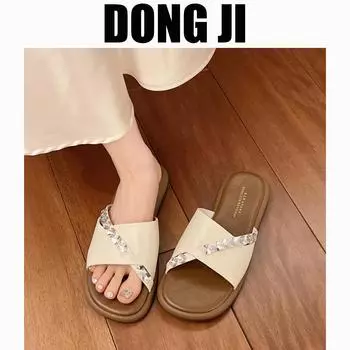 Xiaoxiangfeng rhinestone chain flat Roman sandals 2025 summer new Internet celebrity French casual beach cool slippers 35 серебряный