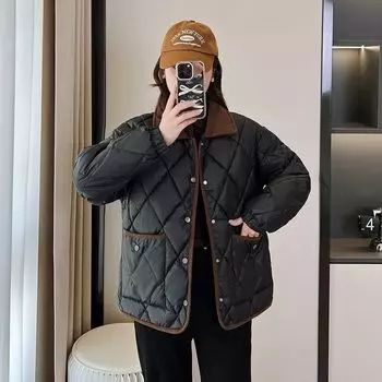 Xiaoxiangfeng rhombus down cotton clothes leave-in, foreign style loose contrasting color versatile short season coat S