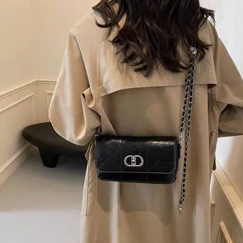 Xiaoxiangfeng ромбовидная цепочка женская сумка подмышкой 2024 новая текстурированная сумка через плечо модная универсальная маленькая квадратная сумка чёрный