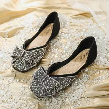 Xiaoxiangfeng round head hollow flat shoes spring and summer new rhinestone beanie shoes low heel single shoes women s soft sole large size women s sh 33