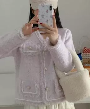 Xiaoxiangfeng розовый кардиган с бахромой и V-образным вырезом, женская куртка 2024 года, мягкий вязаный свитер из вощеной норки, бархатный, замедляющий старение S розовый