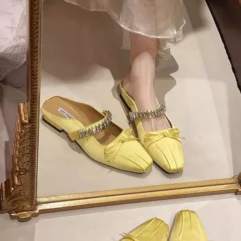 Xiaoxiangfeng с юбкой, желтыми стразами, сумка на голову, полутапочки, женская одежда, модная весна и лето, фея, средний каблук, классные тапочки для женщин 35 шампанского