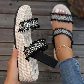 Xiaoxiangfeng sandals wear ethnic style comfortable one-word cloth belt sandals 2025 foreign trade imitation hemp rope thick-soled women s sandals 36 бежевый