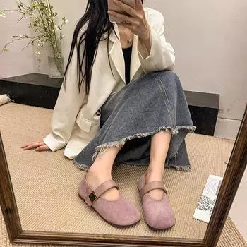 Xiaoxiangfeng shallow mouth Mary Jane single shoe girl 2025 new Velcro temperament fairy ballet flat beanie shoes 35 светло-серый