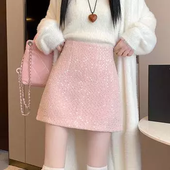 Xiaoxiangfeng шерстяная полуюбка с пайетками для женщин осенью и зимой, обтягивающая юбка А-силуэта с высокой талией, юбка с запахом ягодиц, короткая юбка S чёрный