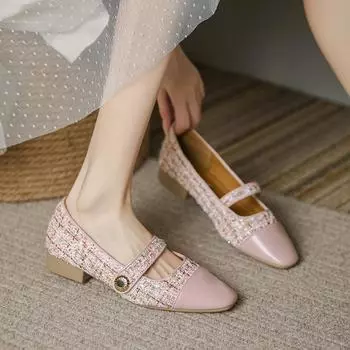 Xiaoxiangfeng soft leather lambskin shallow mouth splicing women s shoes 2024 spring new versatile casual thick heel women s single shoes 34 чёрный
