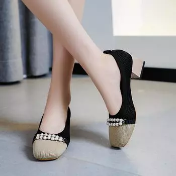 Xiaoxiangfeng square head flying woven high heels women s 2025 new spring and autumn Japanese thick heel beaded decorative hollow single shoes women 35 чёрный