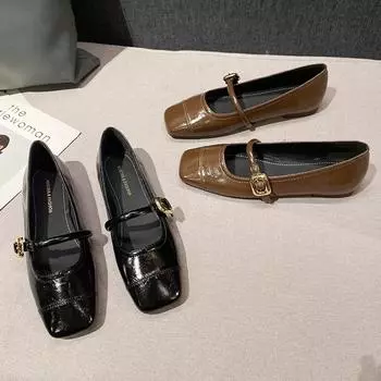 Xiaoxiangfeng square head light mouth black one-word buckle Mary Jane flat-soled single shoes gentle soft-soled soft leather ladyshoes W108-1 35 чёрный