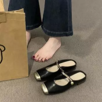 Xiaoxiangfeng сумка голова полутапочки верхняя одежда женская обувь 2024 новый цепочка слово пояс летняя юбка одиночные туфли 35 чёрный