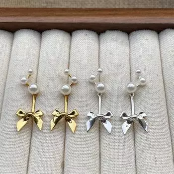 Xiaoxiangfeng sweet bow silver needle stud earrings women s exquisite rear hanging pearl earrings New Year s earrings 925 silver needle