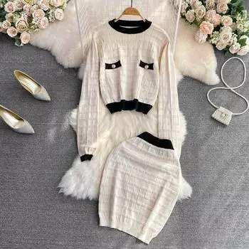 Xiaoxiangfeng темперамент контрастного цвета круглый вырез свободный вязаный топ сумка с высокой талией хип-юбка комплект из двух предметов