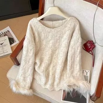 Xiaoxiangfeng темпераментный плюшевый свитер с бахромой и роговыми рукавами, женский свитер, который носят осенью и зимой со свободным круглым вырезом, вязаный свитер в иностранном стиле S абрикосовый
