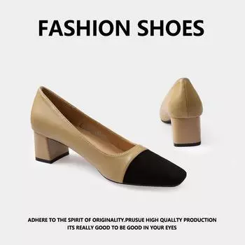 Xiaoxiangfeng thick heel single shoes women s glossy high heels temperament color matching square head 5CM and casual popular women s shoes new 34 абрикосовый