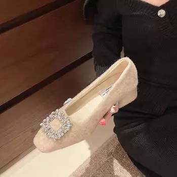 Xiaoxiangfeng толстый каблук квадратной формы со стразами, высококачественные одинарные туфли, женская обувь, весна 2025, новые высокие каблуки, темпераментная обувь для поездок на работу 35 абрикосовый