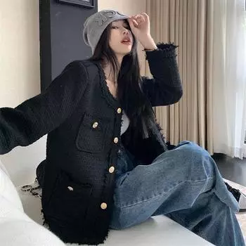 Xiaoxiangfeng твидовое облегающее и тонкое пальто женское весна-осень 2024 года однобортный повседневный топ с круглым вырезом в стиле знаменитостей S