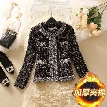 Xiaoxiangfeng утолщенное пальто европейская станция зима твид клетчатый тонкий темперамент кардиган топ весна и осень S