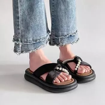 Xiaoxiangfeng with skirt slippers women s 2025 summer new printing fashion beach sandals one-word flat bottom comfortable 35 чёрный