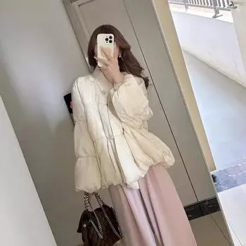 Xiaoxiangfeng воротник-стойка пуховая хлопковая одежда женская зимняя одежда большой размер fat mm темперамент нежный дизайн чувство утолщенное хлопковое пальто M (recommended 80-50kg) бежевый