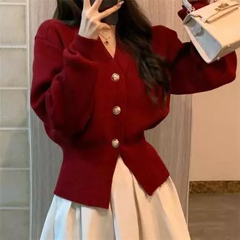 Xiaoxiangfeng вязаный кардиган женский осень и зима новый дизайн чувство талии темперамент свитер женское пальто топ прилив One Size бордовый