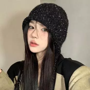 Xiaoxiangfeng, женская вязаная шапка с пайетками 2024 года, новая осенне-зимняя теплая шерстяная шапка с защитой от ушей, сумка для головы, холодная шапка M (56-59cm) One size is elastic чёрный