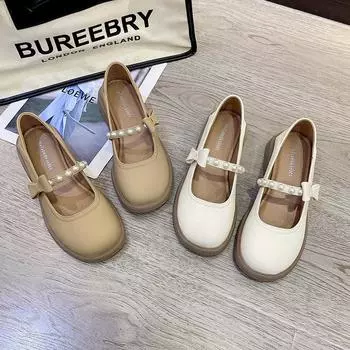 Xiaoxiangfeng женские туфли 2024 года с французским жемчужным бантом и маленькими кожаными туфлями Мэри Джейн 35 хаки