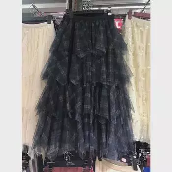 Xiaoxiao женская летняя юбка 2024 года из многослойной сетки в клетку Medium синий