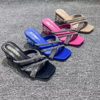 Xibeilove Новые женские тапочки с квадратной головкой, стразами и кристаллами на высоком каблуке, тапочки для внешнего ношения 35