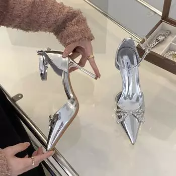 Xibeilove женские серебристые босоножки на высоком каблуке с острым носком, хрустальные туфли-бабочки, летние дизайнерские туфли для вечеринок и балов, размер 35-40 35