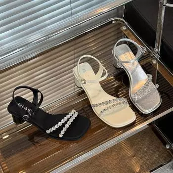 XIEFU/Shoes Lady Rhinestone Women s Sandals One-word Belt 2025 New High Heels Square Head Temperament High Heel Sandals 33