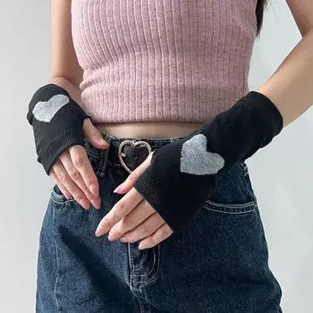 XINGX Knitted Gloves Sweet Girl Anime Cosplay Two-Dimensional Open Finger Oversleeve Y2g Gyaru Arm Sleeves Black Short Heart All yards