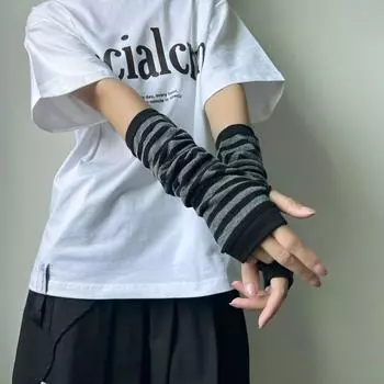 XINGX Knitted Gloves Sweet Girl Cosplay Student Secondary Element Open Finger Oversleeve Y2g Gyaru Arm Sleeves Black gray Stripes All yards