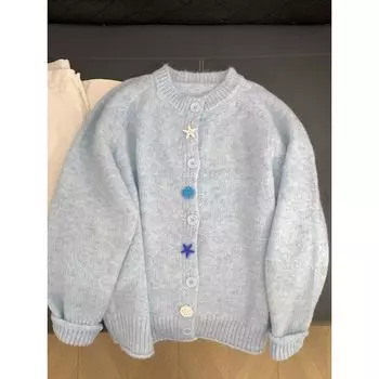 XINGX Молочно-голубой Мягкий Клейкий Фантазийный Вязаный Кардиган Blue 2XL [Suggested 65.00 kg-75.00 kg]]