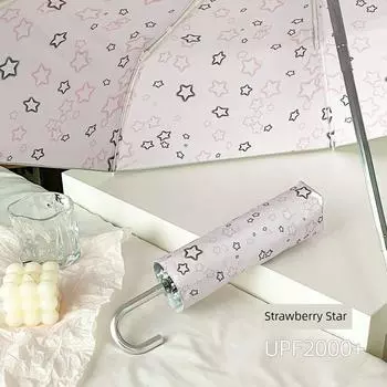 XINGX Titanium Silver Umbrella Sun Protection UV Protection Women Large Folding Manual Sun Umbrella Small Rain Or Shine Dual-Use Hook Sun Protection Titanium Silver Curved Handle-Strawberry Star