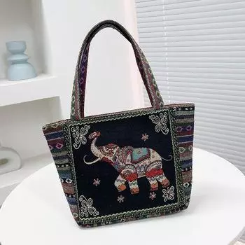 Xinjiang Ethnic Style Bag Dai Xishuangbanna Tourism Characteristic Souvenir Elephant Embroidered Canvas Bag Handbag Black Elephant