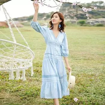 Xinjiang Silm Retro Graceful Beach Skirt Tourism Sky Blue M