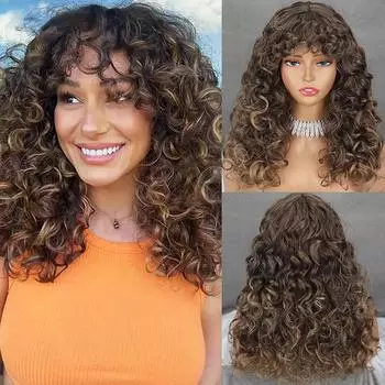 XINRAN Длинный кудрявый афро парик с вьющейся челкой для женщин Длинный коричневый вьющийся парик из синтетического волокна для ежедневного использования Вечеринка Косплей 60 cm