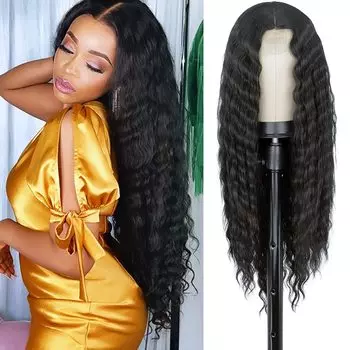 XINRAN Длинный парик с глубокими волнами Синтетические черные длинные вьющиеся парики для женщин Натуральные завитки Средняя глубокая вьющаяся часть Черный парик