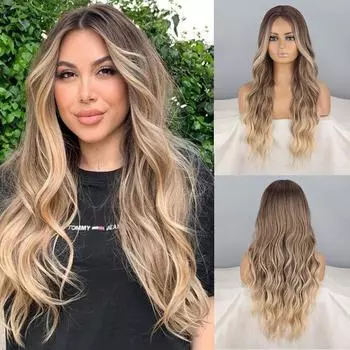 XINRAN Длинный волнистый синтетический парик Ombre Золотые парики для женщин Парик средней части с натуральными термостойкими волосами для вечеринок и ежедневного использования 65CM