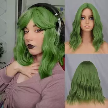 XINRAN Короткий волнистый парик из синтетического волокна зеленого цвета с натуральной челкой, натуральный волнистый парик до плеч из синтетического волокна, на каждый день