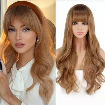 XINRAN Lady Fashion Длинные волнистые синтетические парики с челкой Ombre Коричневые блондинки Парики из натуральных волос для женщин Термостойкий парик для повседневного косплея 24inches