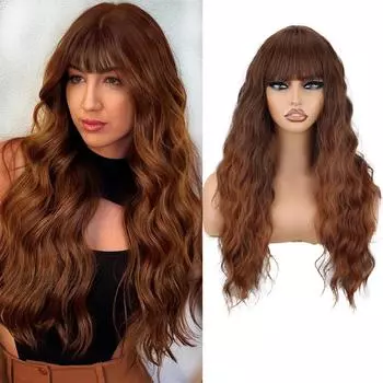 XINRAN Long Wigs With Bangs Synthetic Long Wavy Wigs For Women Natural looking Wig Curly Wavy Hair Wigs For Daily Party Use 60cm