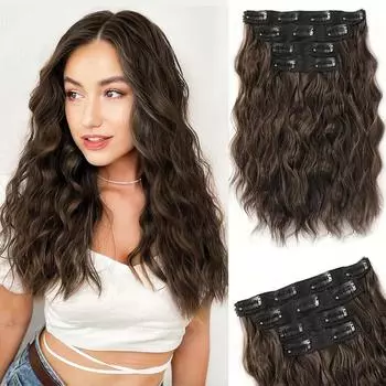 XINRAN синтетические 4 шт клипсы для наращивания волос короткие волнистые коричневые волосы для наращивания невидимые кружевные утки натуральные шиньоны для женщин 35cm