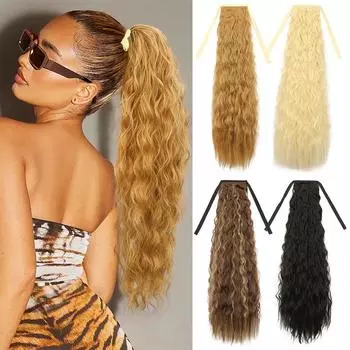 XINRAN синтетические двойные ремешки для наращивания хвостиков, длинные вьющиеся волосы, обертывание вокруг хвостика, термостойкие волосы для женщин, использование в косплее 55cm