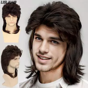 XINRAN Синтетические вьющиеся волнистые парики для мужчин Термостойкое волокно Волосы Мужской парик Черный Коричневый Натуральные парики Мужской парик для вечеринки в стиле ретро-рок 35cm