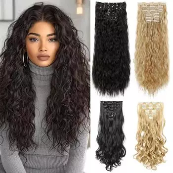 XINRAN Synthetic 7PCS Long Wavy Curly Clip In Hair Extension Soft Thick Heat Resistant Fiber Hairpieces For Women Daily Wear 60CM