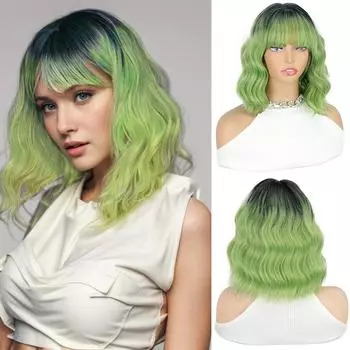 XINRAN Synthetic Shoulder Length Wig With Bangs Short Wavy Curly Heat Resistant Fiber Wig For Women Daily Party Use 30cm