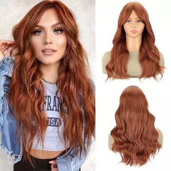 XINRAN Synthetic Wig With Bangs Long Wavy Orange Wigs For Women Curly Wig Heat Resistant Wigs Daily Party Use 55cm
