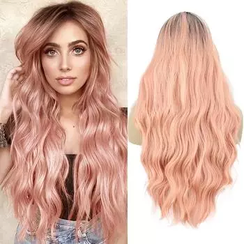 XINRAN Synthetic Wig With Bangs Long Wavy Pink Wigs For Women Curly Wig Heat Resistant Wigs Daily Party Use 55cm